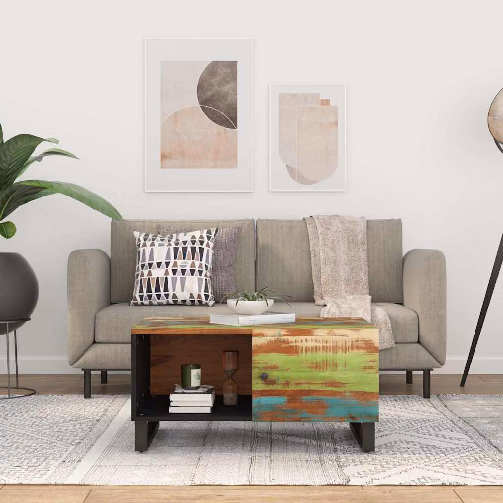 Tavolino da soggiorno vidaXL in legno massello recuperato e multistrato, stile industriale, marrone, L: 80 cm, P: 50 cm, H: 40 cm