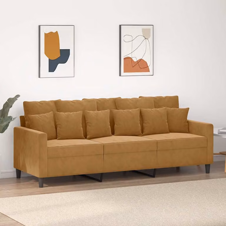 Divano a 3 posti moderno vidaXL in velluto marrone con struttura in metallo e cuscini inclusi L: 198 cm, P: 80 cm, H: 77 cm