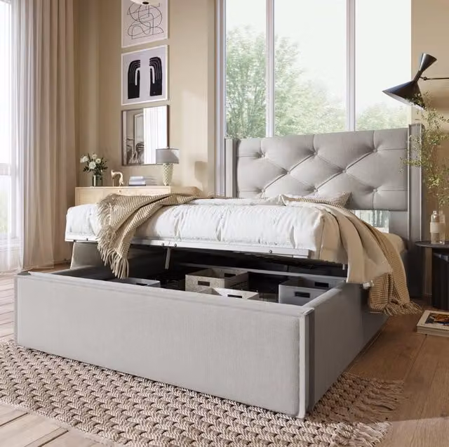 Letto singolo imbottito con contenitore sollevabile 90x200 cm; grigio chiaro in cotone