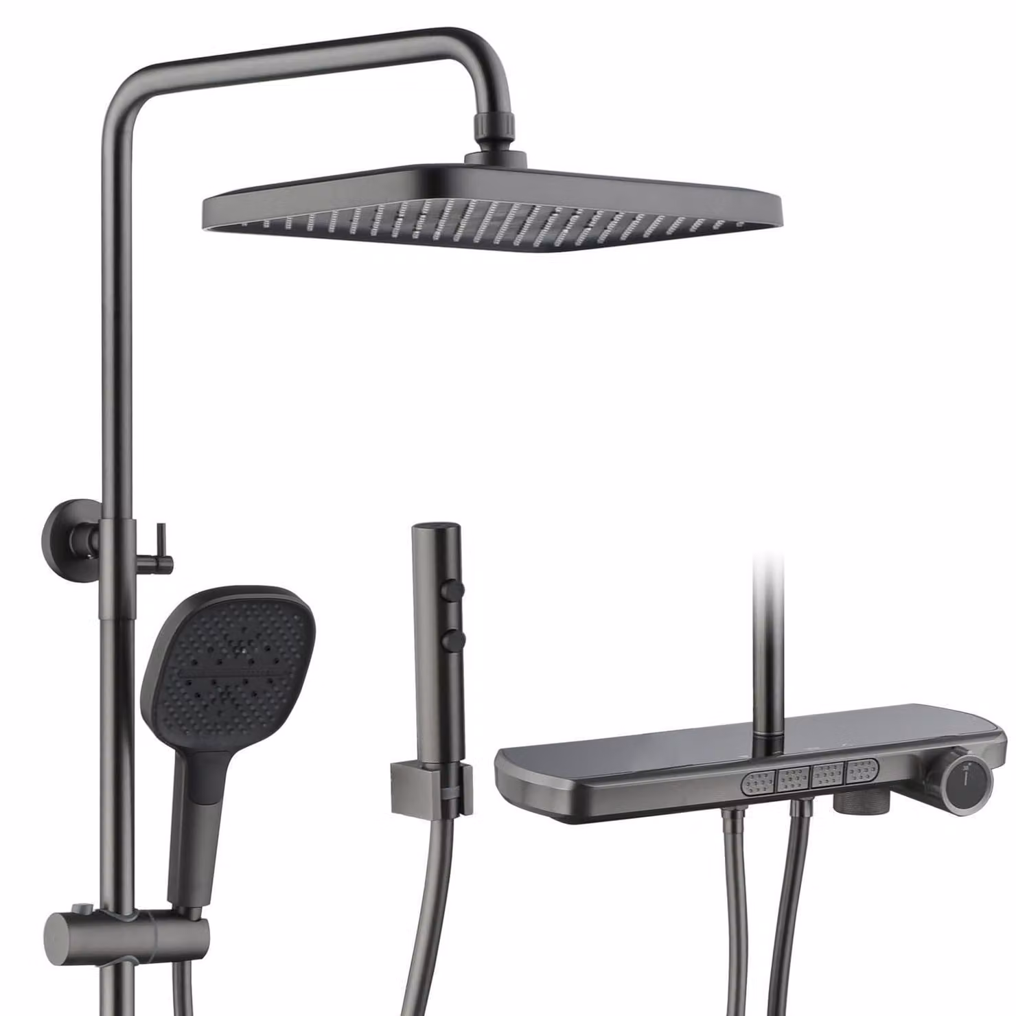 Sistema doccia termostatico, 4 funzioni, colore grigio gunmetal, dimensioni 340x220 mm, soffione a pioggia