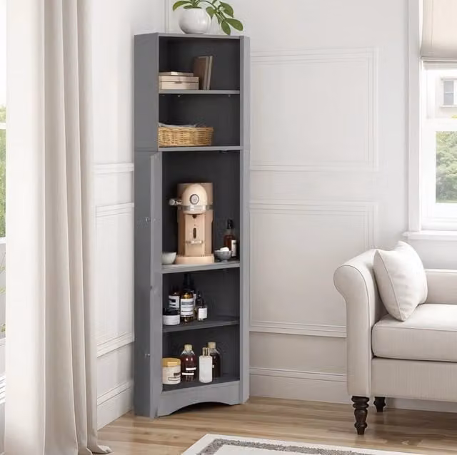 Mobile da bagno angolare MODFU in legno e MDF grigio opaco con ante a battente e vani aperti