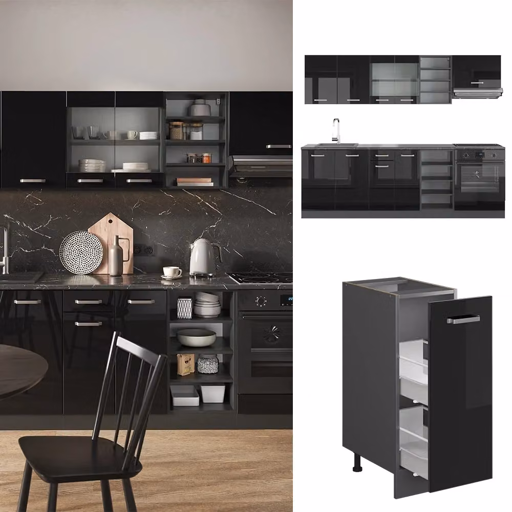 Cucina componibile moderna R-Line Vicco, Nero lucido e Antracite, L: 240 cm – 2