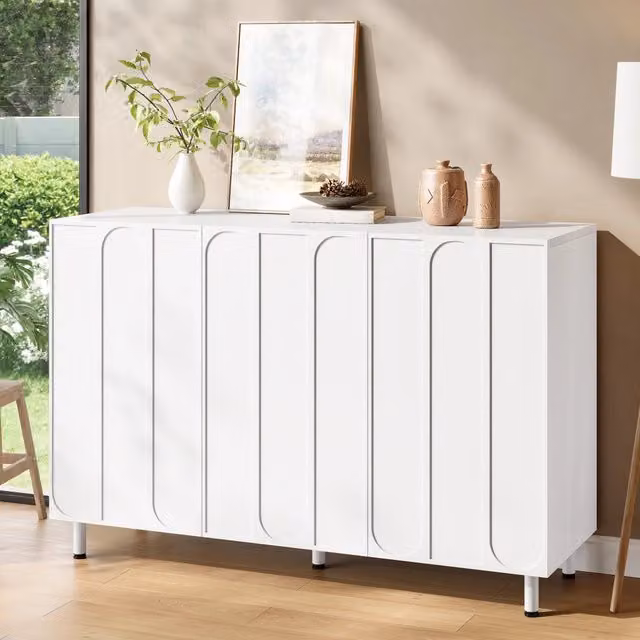 Madia moderna Vovees Living 2 in 1 con scarpiera, credenza bianca con 3 ante e ripiani regolabili in MDF, Larghezza: 120 cm