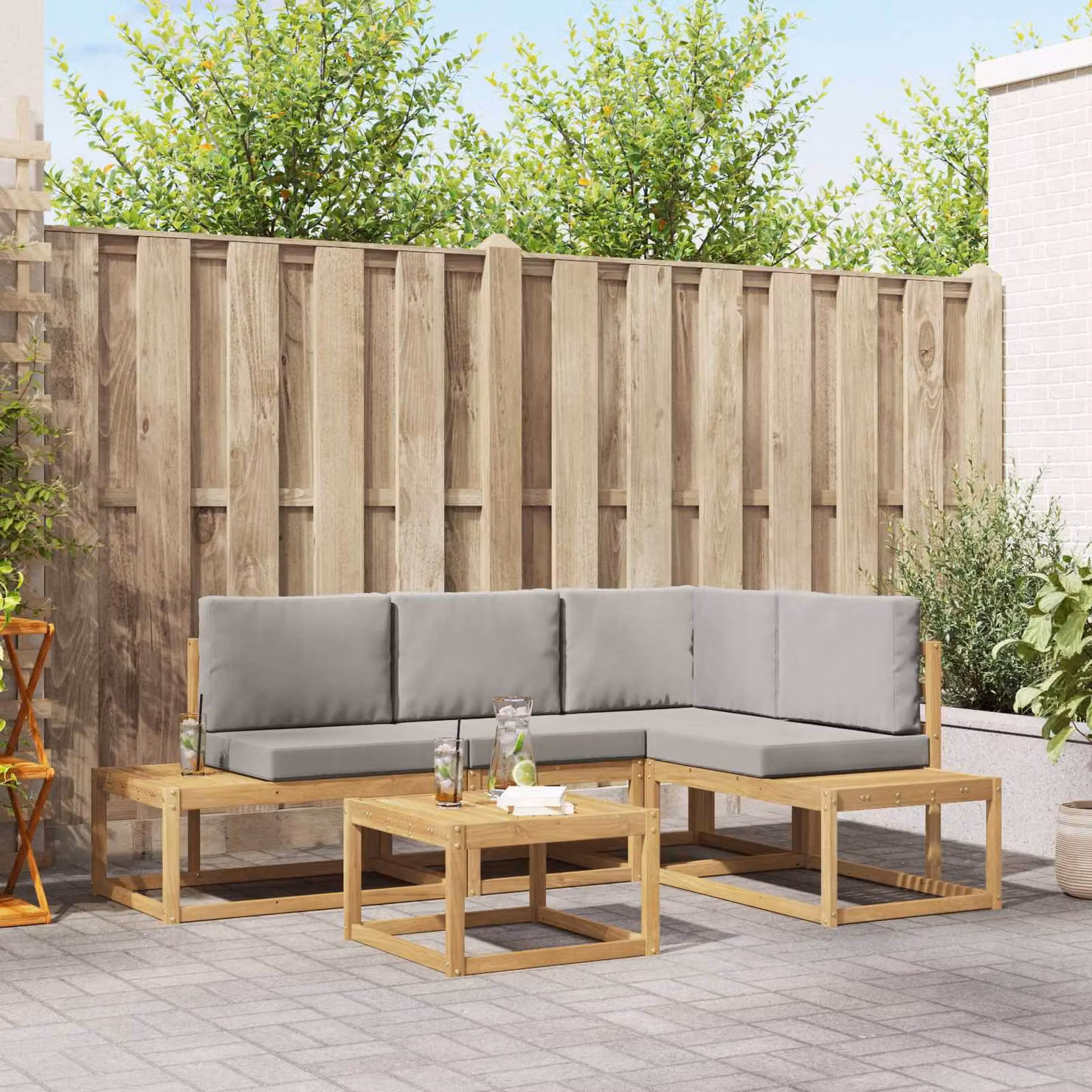 Set di divani da esterno vidaXL a forma di L composto da 5 pezzi con tavolo da caffè, realizzato in legno di acacia e tessuto in poliestere resistente ai raggi UV, ideale per giardino o terrazza