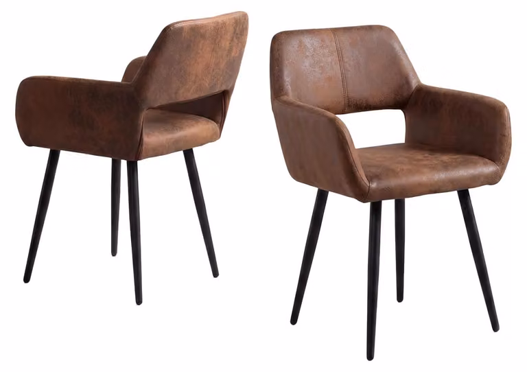 Set di 2 sedie da pranzo, stile vintage, imbottite, con braccioli, gambe in metallo, colore marrone