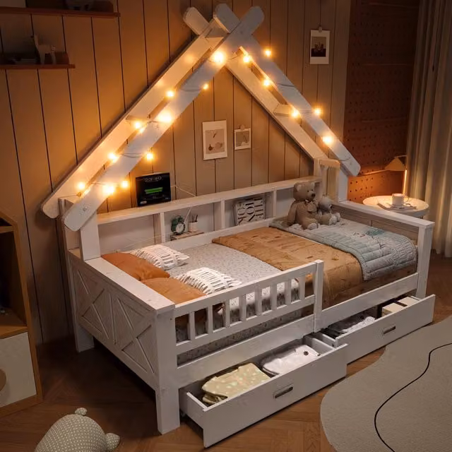 Letto a forma di casa 90×200 cm in legno bianco per bambini, con luci LED, mensole, cassetti e sponda di protezione, senza materasso