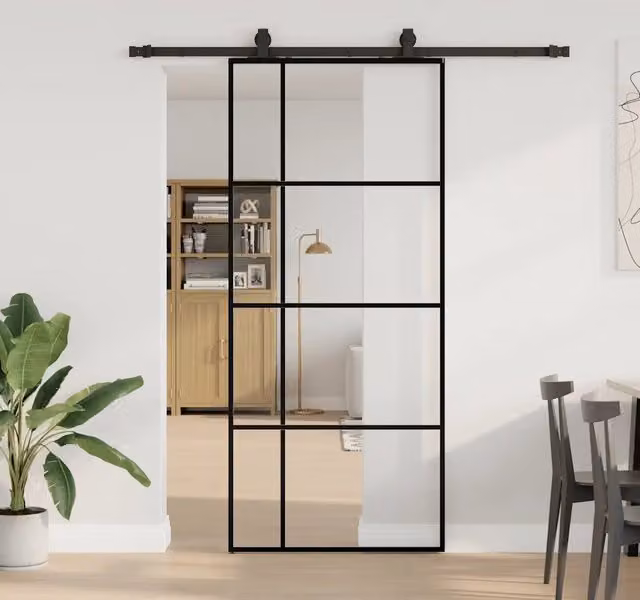 Porta Scorrevole Moderna VIDAXL in Vetro Trasparente con Telaio in Alluminio Nero L: 90 cm, H: 205 cm