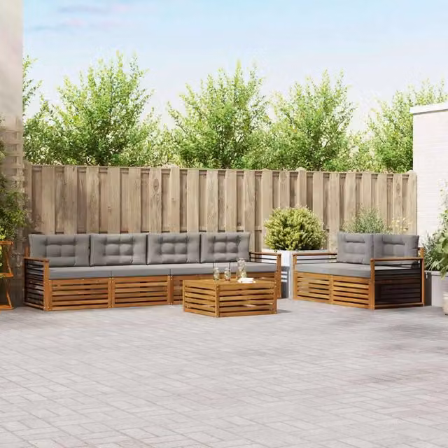 Set di divani da esterno vidaXL a forma di U composto da 7 pezzi in legno di acacia con cuscini grigi e tavolino da giardino