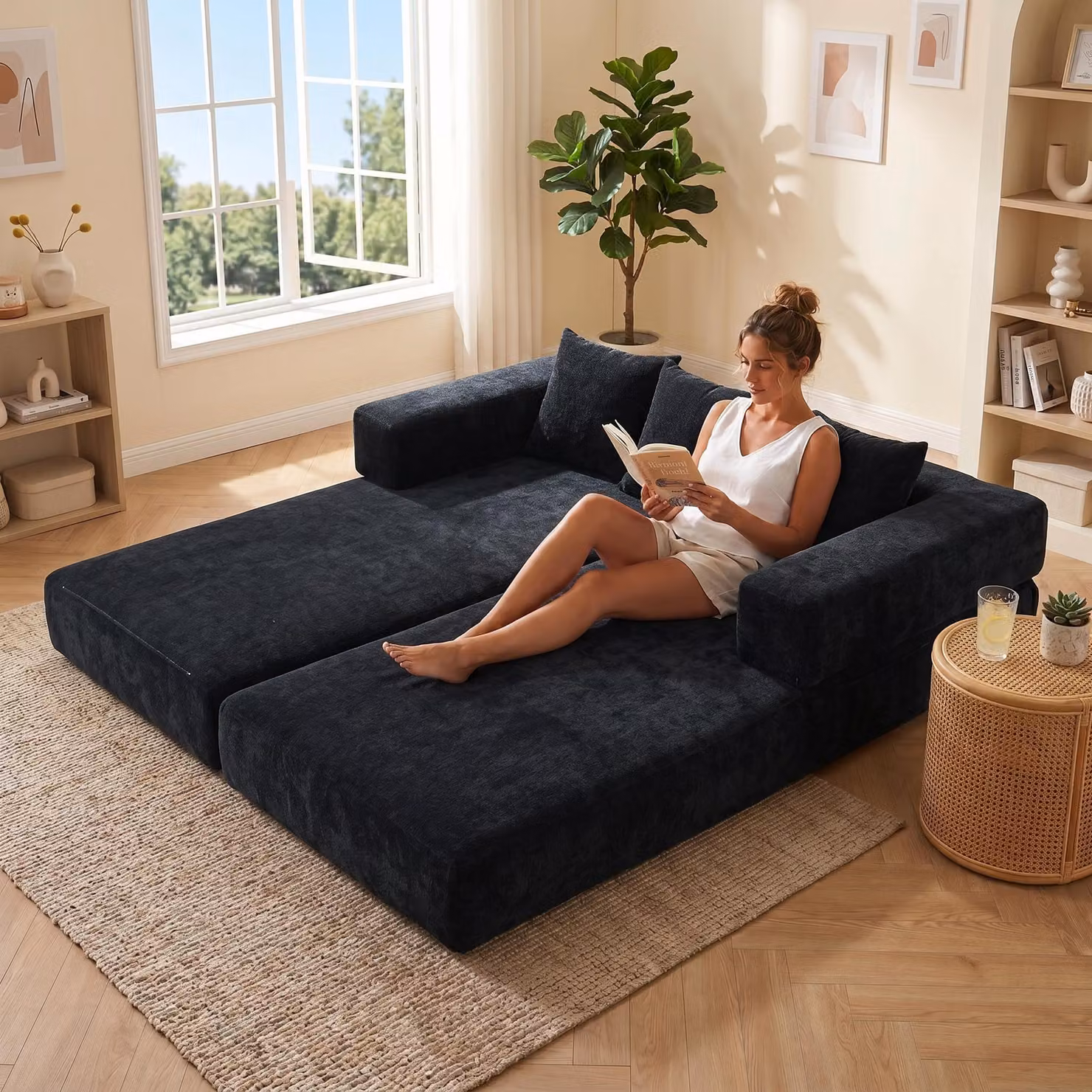 LVHOM Divano letto modulare in ciniglia, divano pieghevole da terra con tasca laterale, divano imbottito pieghevole 198x79/159cm, nero