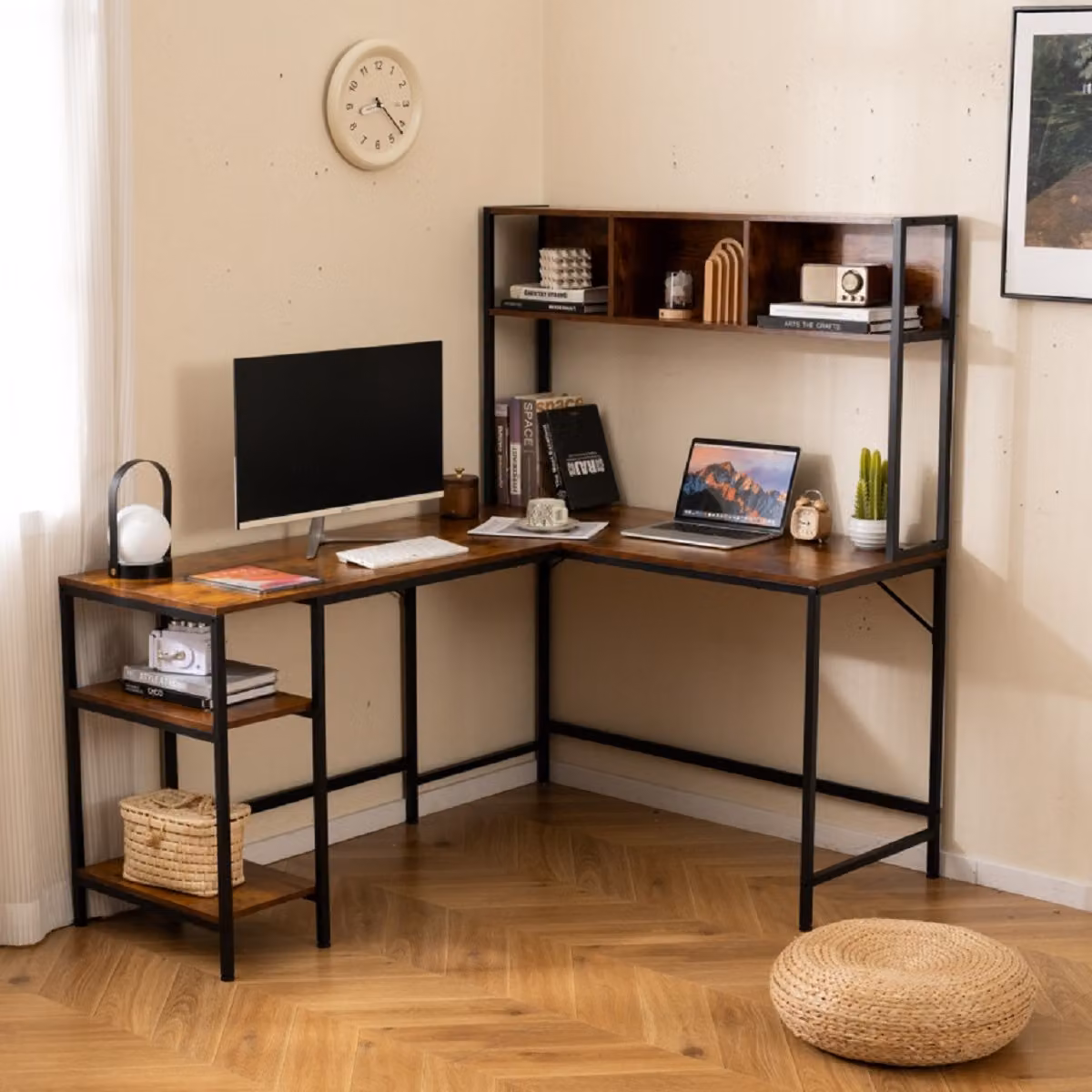 Scrivania angolare moderna Costway con libreria e ripiani per ufficio domestico, Marrone