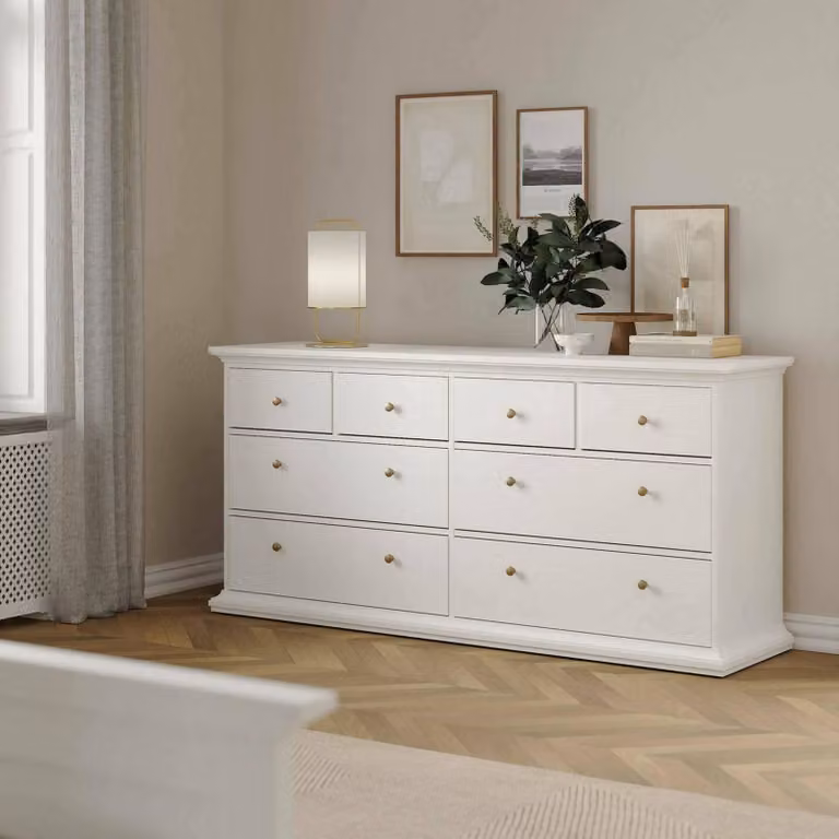 Dmora Cassettiera Asiagela 48.5x183.4x86.88h cm Bianco, 8 Cassetti Apertura Scorrevole