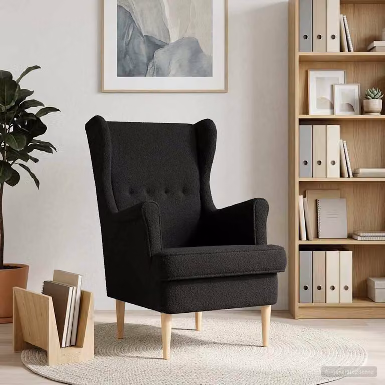 Poltrona moderna vidaXL in tessuto bouclé nero con braccioli e struttura in legno e metallo