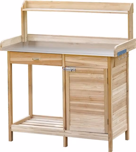Outsunny Tavolo da giardinaggio in legno massiccio e metallo con piano zincato, cassetto e armadietto, colore naturale, L 112 x P 48 x H 125 cm