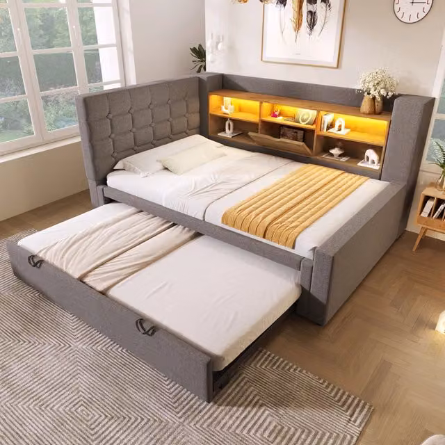 Letto Mivray con letto estraibile e testiera a L reversibile in lino grigio, dotato di porta USB, illuminazione LED e rete a doghe, L/P/H: 90 x 200 x 107 cm – 1