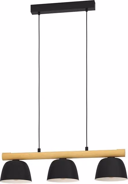Lampadario Sospeso Moderno Sherburn Eglo in Metallo Nero e Legno Marrone con 3 Luci E27