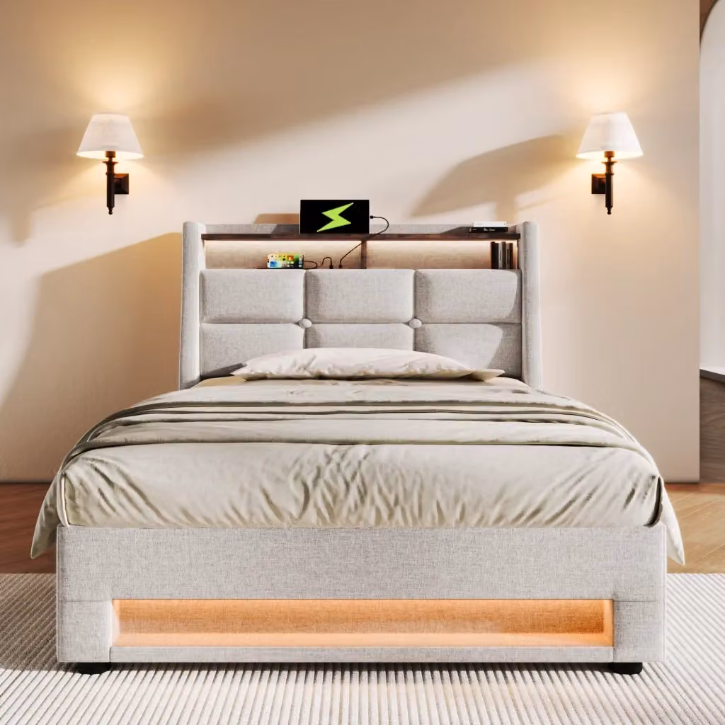 Letto Matrimoniale Chicfurn con 4 Cassetti e Porte USB e Tipo C in Lino Beige L/P/H: 160 x 200 x 101 cm – 2