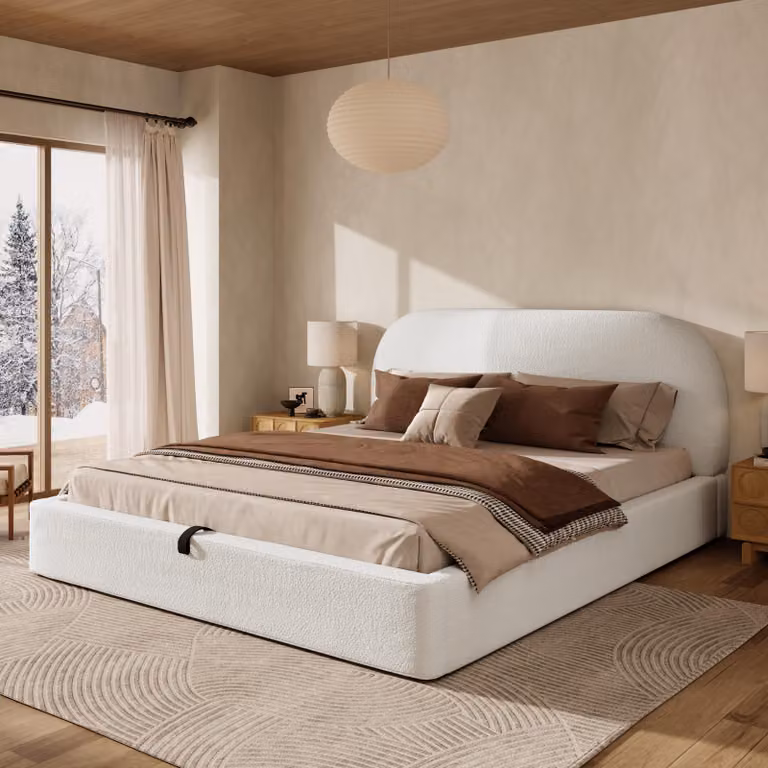 letto imbottito okwish 180x200cm letto matrimoniale con rete e sistema di archiviazione, letto per ragazzi con angoli arrotondati all'estremità della testa e dei piedi, struttura del letto con doghe, beige (senza materasso)