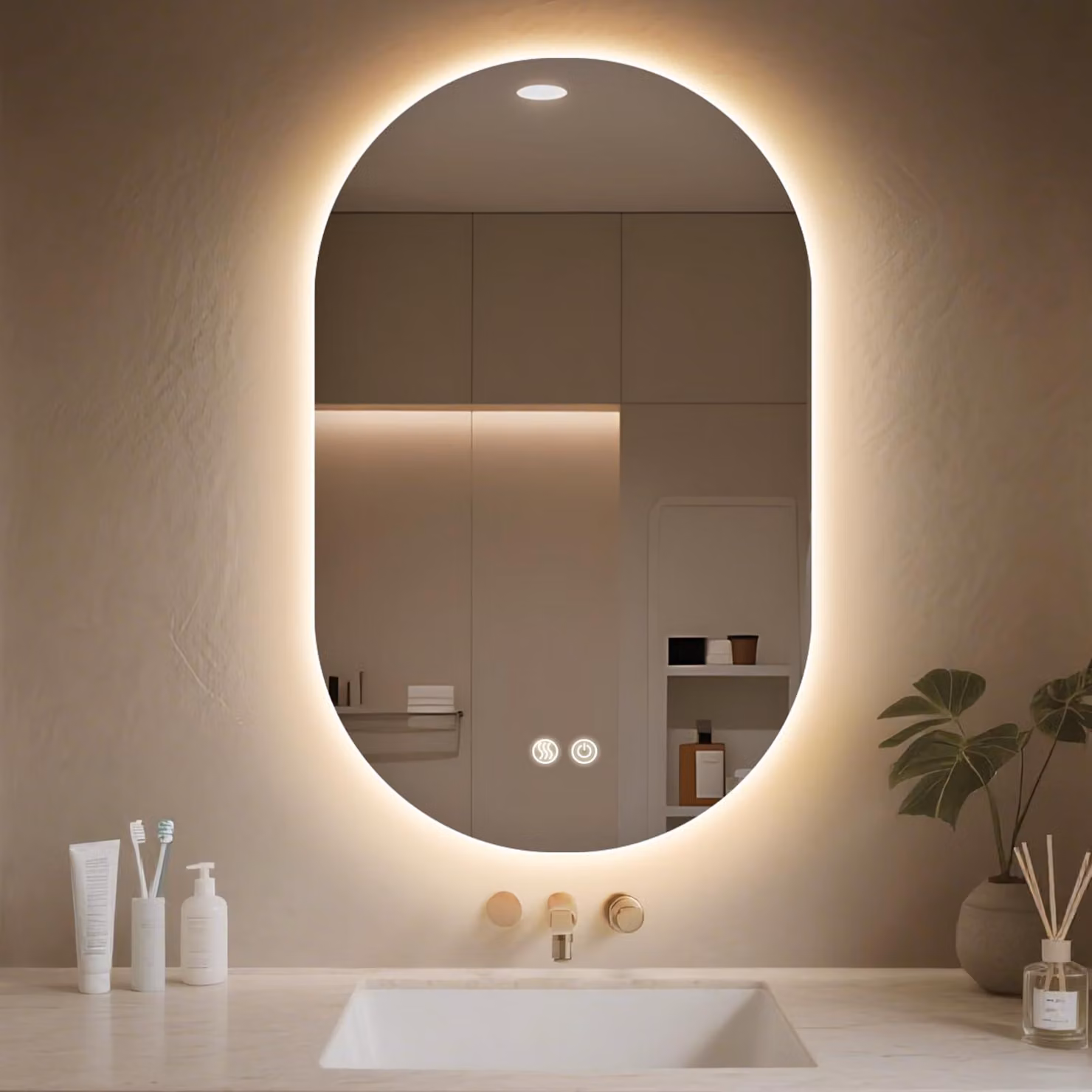 Specchio a LED ovale da parete, 80x50 cm, con funzione di regolazione dell'intensità luminosa e antigoccia