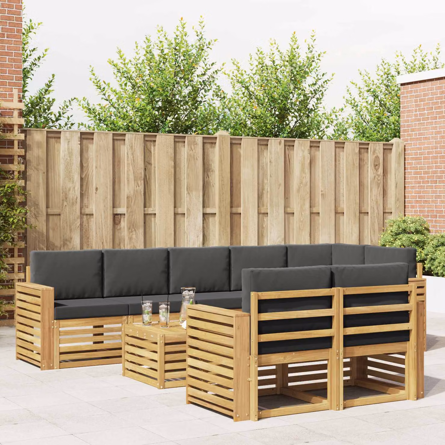 vidaXL Set di divani da esterno moderno a L composto da 9 pezzi con cuscini, in legno di acacia e tessuto bianco, antracite e marrone