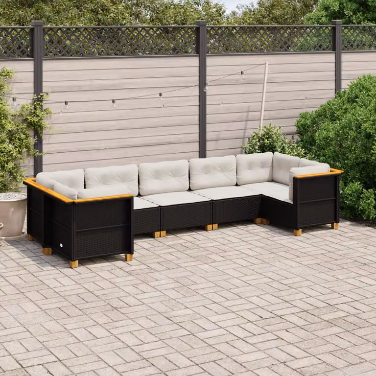 vidaXL Set Divano da Giardino a L con Cuscini 7pz in Polyrattan Nero e Legno di Acacia