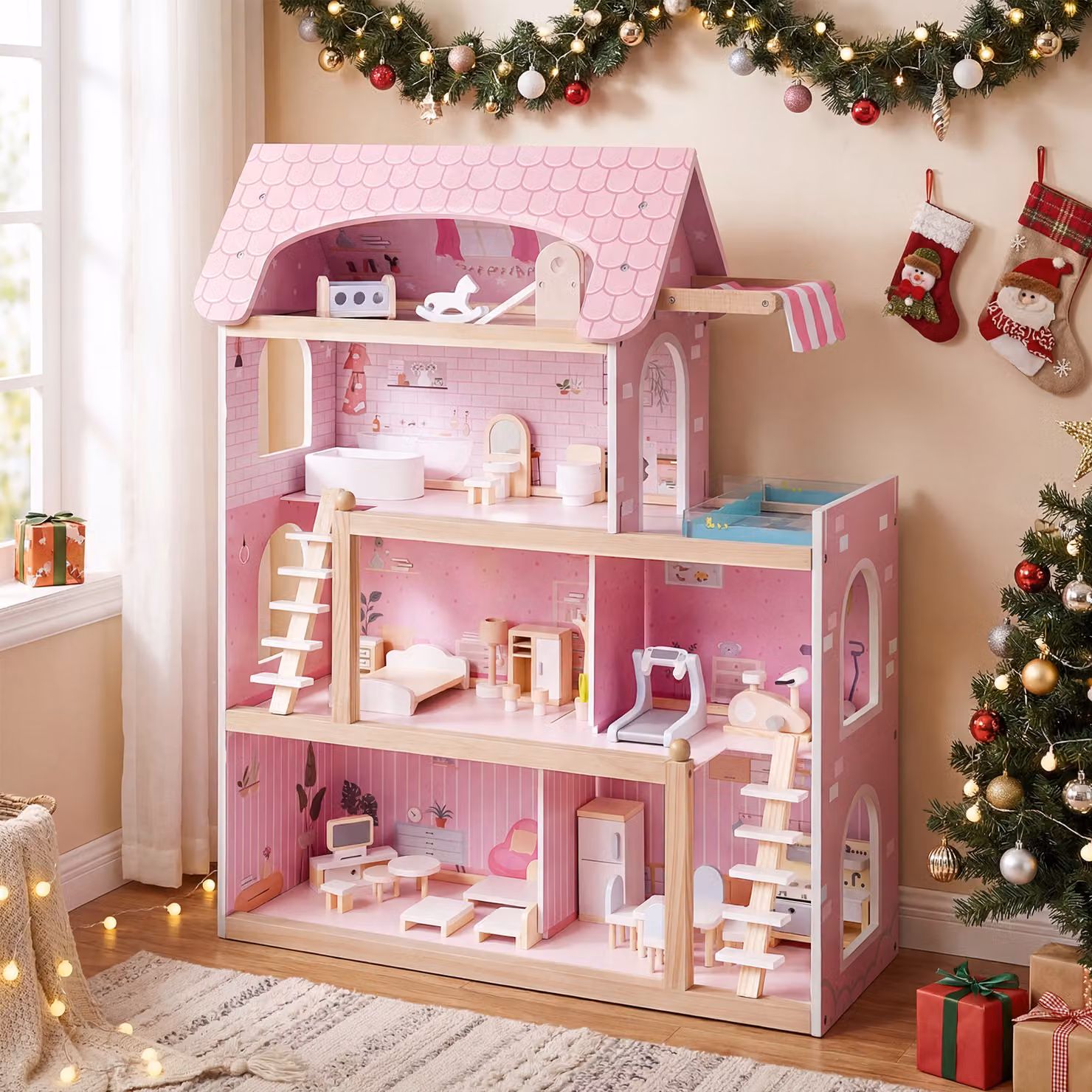 Casa delle bambole in legno Costway con 33 accessori per bambini, colore rosa