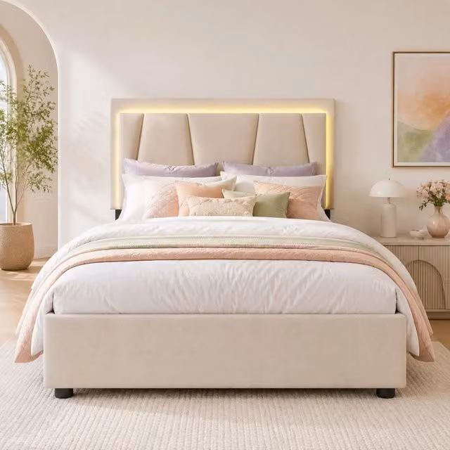 Letto REDOM Beige con struttura imbottita, illuminazione LED sottostante e 2 cassetti, L/P/H: 90 x 200 x 136,1 cm