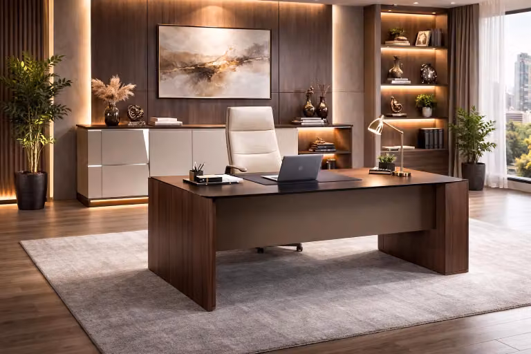 Arredamento da ufficio elegante: scrivania di design color marrone, mobile contenitore di pregio