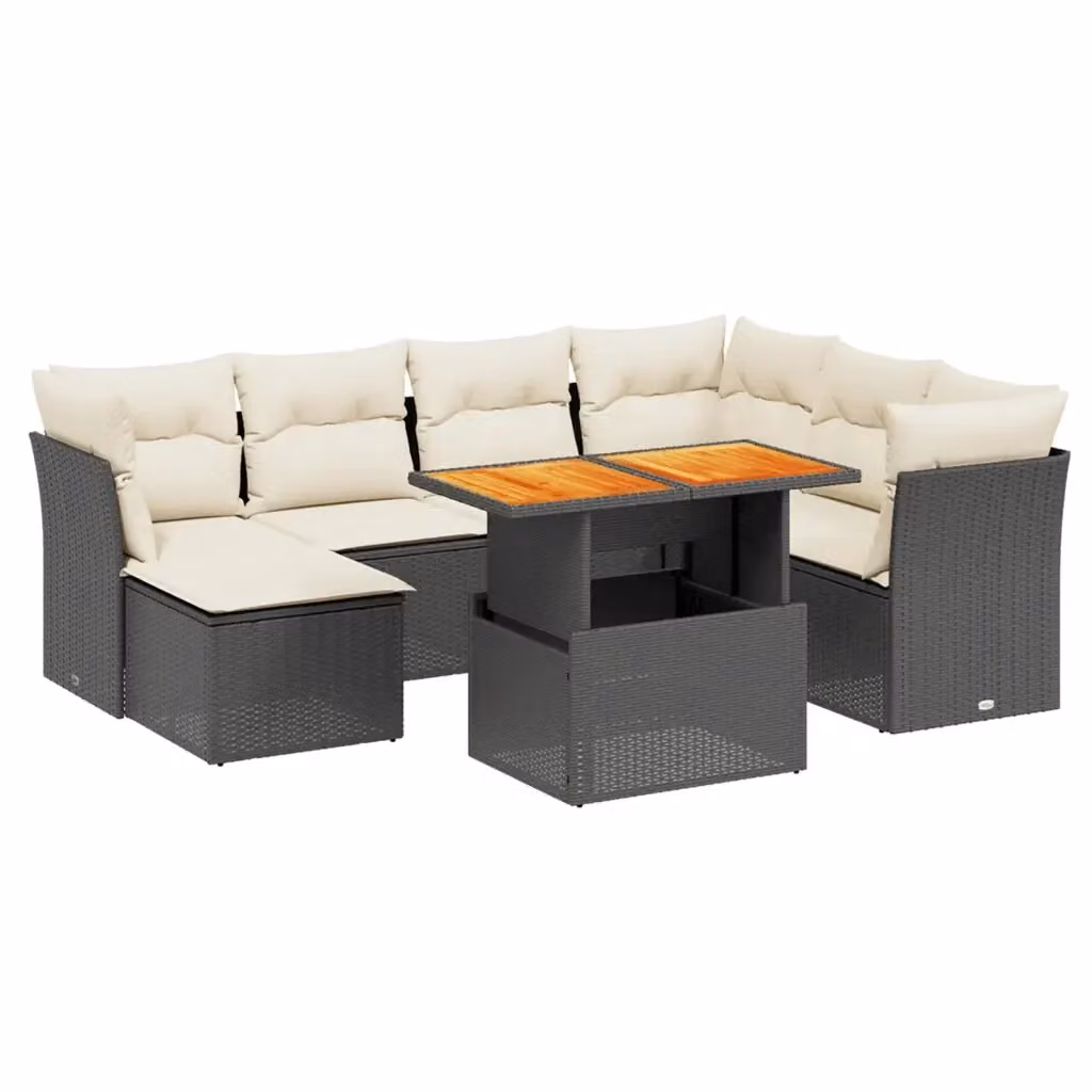 vidaXL Set Divani da Giardino a L in Polyrattan Nero con Cuscini e Tavolino da Esterno – 2