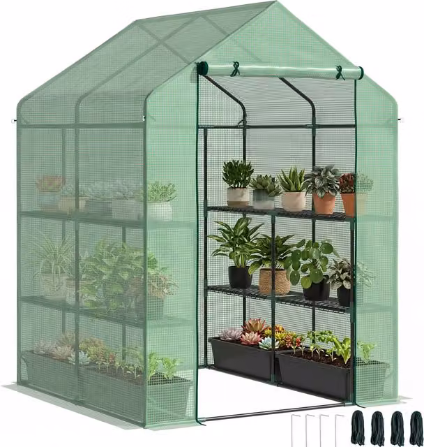 Serra da giardino Outsunny con scaffali e porta avvolgibile, struttura in acciaio e copertura in PE, Verde, L 143 cm x P 138 cm x H 190 cm