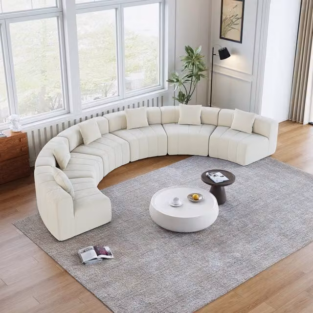 Sofà modulare curvo WISHDOR in chenille beige, composizione semicircolare da 6 moduli con 2 cuscini