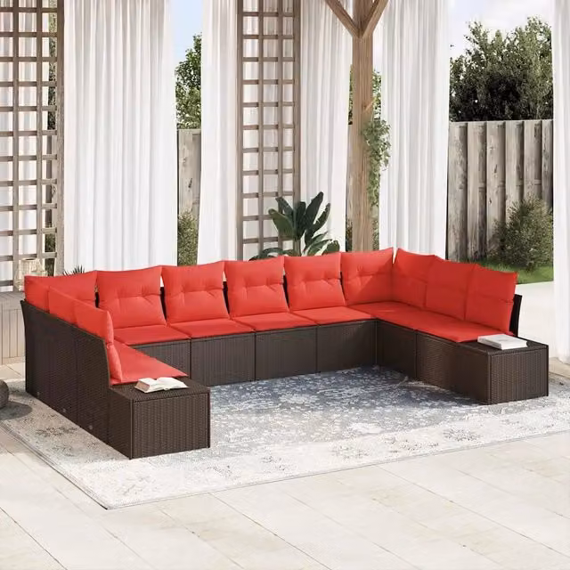 Set Divano da Giardino a Forma di U vidaXL con Cuscini Marrone e Rosso per 9-10 Persone – 1