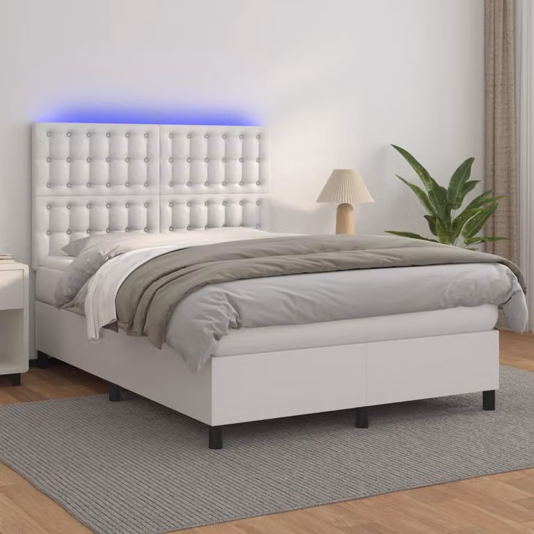 vidaXL Letto con Giroletto a Molle, Materasso Ibrido e Illuminazione LED, Rivestimento in Similpelle Bianca, L/P: 140 x 200 cm