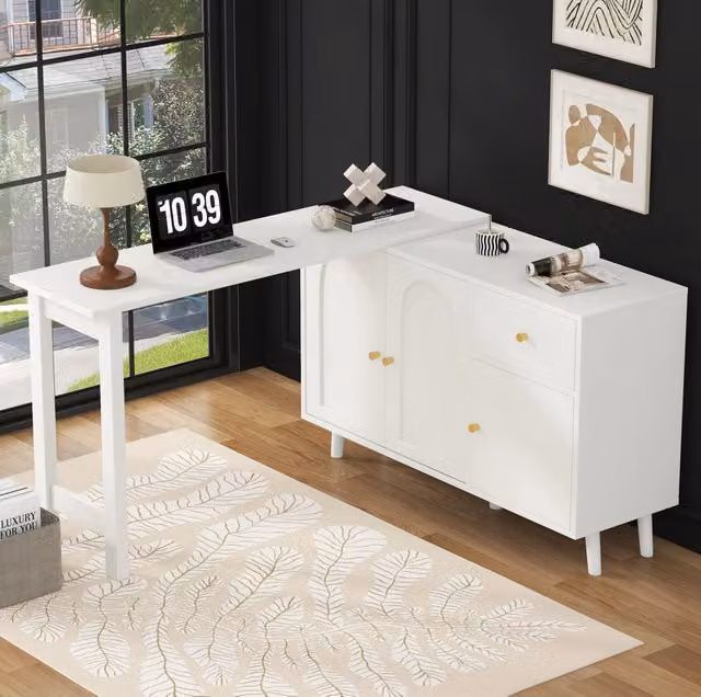 Scrivania 120x40 cm bianca in truciolare, girevole a 360 gradi con 3 ante