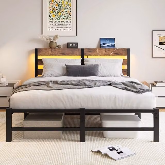 Letto con contenitore Minimal in metallo nero con illuminazione LED e porta USB, L 140 cm x P 200 cm – 1