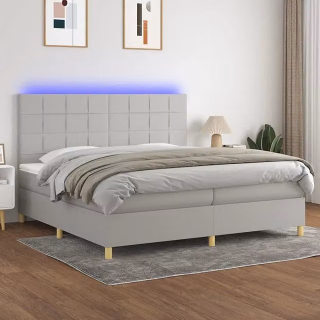 Letto moderno vidaXL con materasso a molle, illuminazione LED sottostante e porte USB, Grigio e Bianco, L 200 cm x P 200 cm x H 31 cm – 1