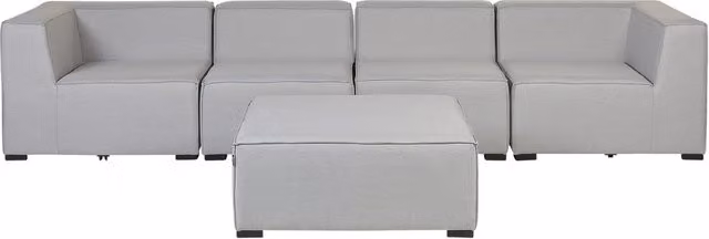 Set divano modulare da giardino BELIANI a 4 posti con pouf, design moderno a forma di L, rivestimento in tessuto grigio resistente ai raggi UV e struttura in acciaio verniciato a polvere