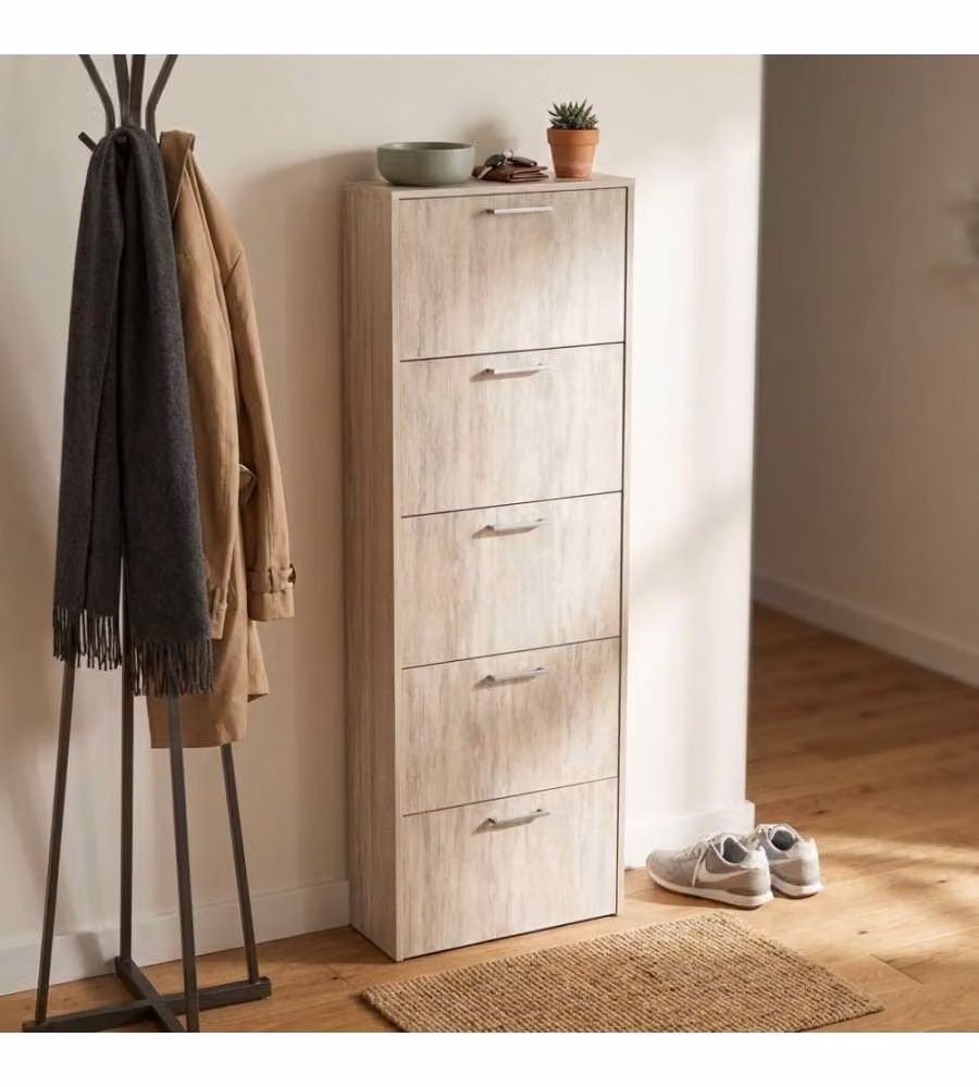 Scarpiera moderna Cosma con 5 ante a ribalta in pino chiaro L/P/H: 59 x 25 x 172 cm – 1