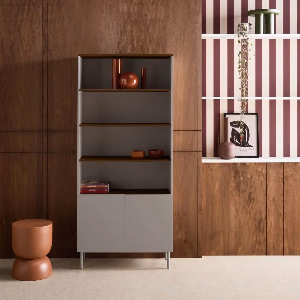 Libreria moderna Sweeek in metallo e legno con ripiani regolabili, H: 180 cm, L: 80 cm, P: 40 cm, grigio beige marrone – 2
