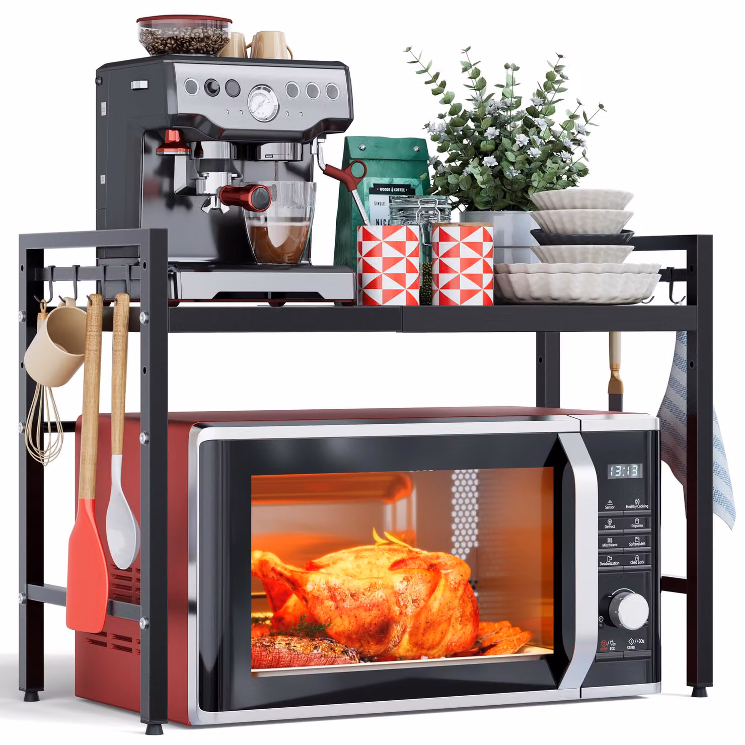 Portaoggetti magnetico a 2 livelli, organizer da cucina salvaspazio con 8 ganci, colore nero