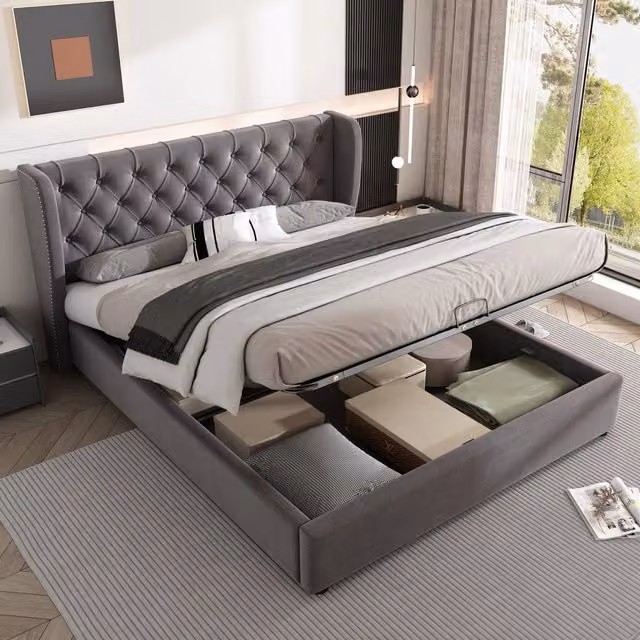Letto contenitore matrimoniale OKWISH in velluto grigio con sollevamento idraulico, L/P/H: 140 x 200 x 300 cm