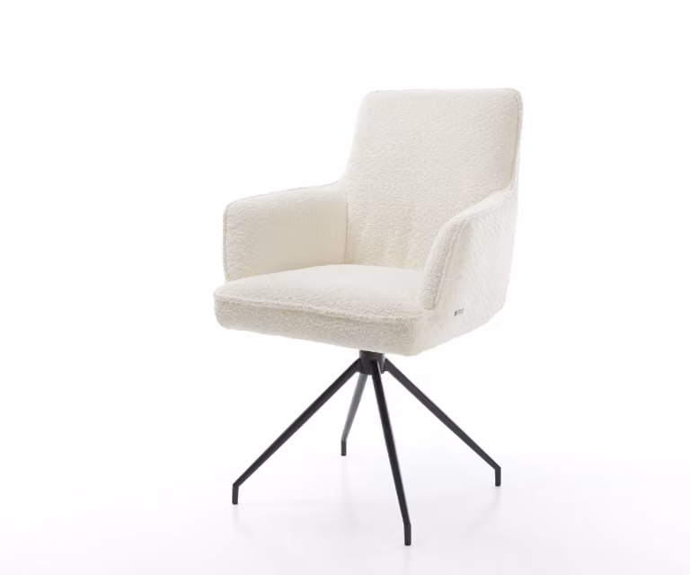 Sedia girevole DELIFE Heira-Flex con braccioli, tessuto bouclé bianco, base a croce conica nera, rotazione a 180°, molle insacchettate