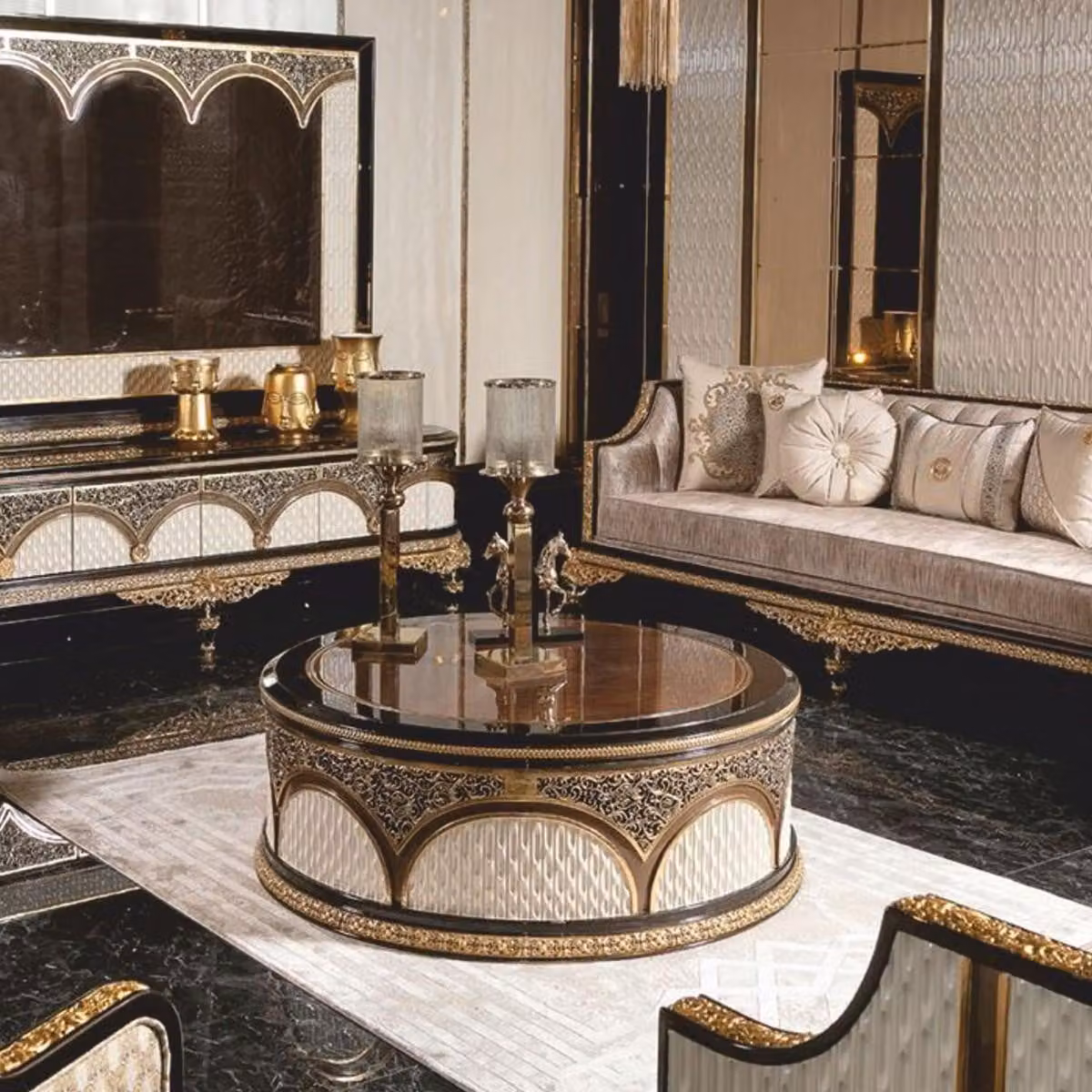 Tavolino da salotto in stile barocco "Casa Padrino", lusso, color marrone/bianco/oro, diametro 118 cm. Tavolino rotondo in stile barocco per il soggiorno. Arredamento da soggiorno in stile barocco