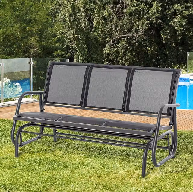 Panchina a dondolo da giardino 3 posti in metallo con rete; nera; 147 x 75 x 85 cm