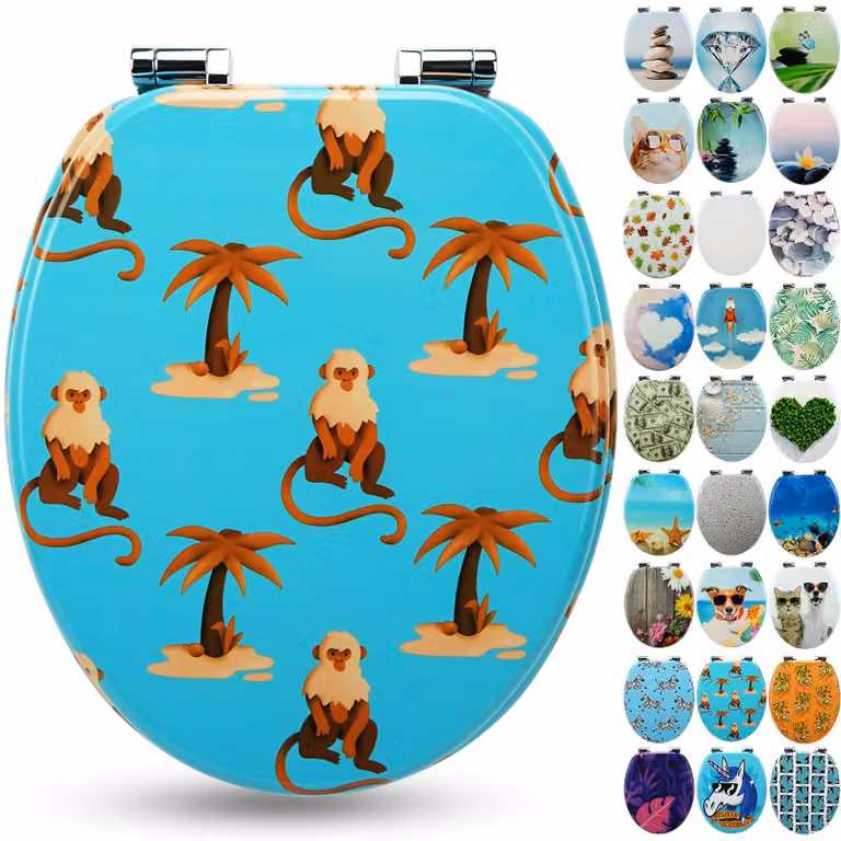 Sanfino® Sedile per WC "Monkey Island" di alta qualità, con sistema di chiusura rallentata, realizzato in legno, disponibile in molti motivi colorati, facile da installare
