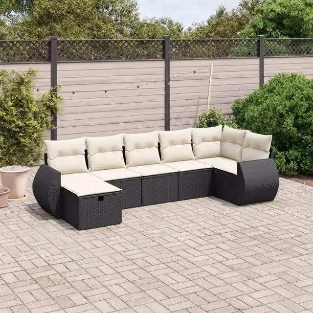 vidaXL Set di Divani da Giardino a L con Cuscini 7pz Nero e Bianco in Polyrattan e Metallo
