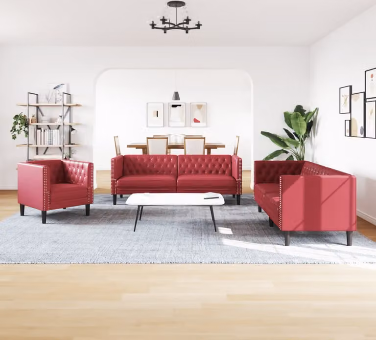set di divani Chesterfield 3 pezzi in ecopelle rosso vino
