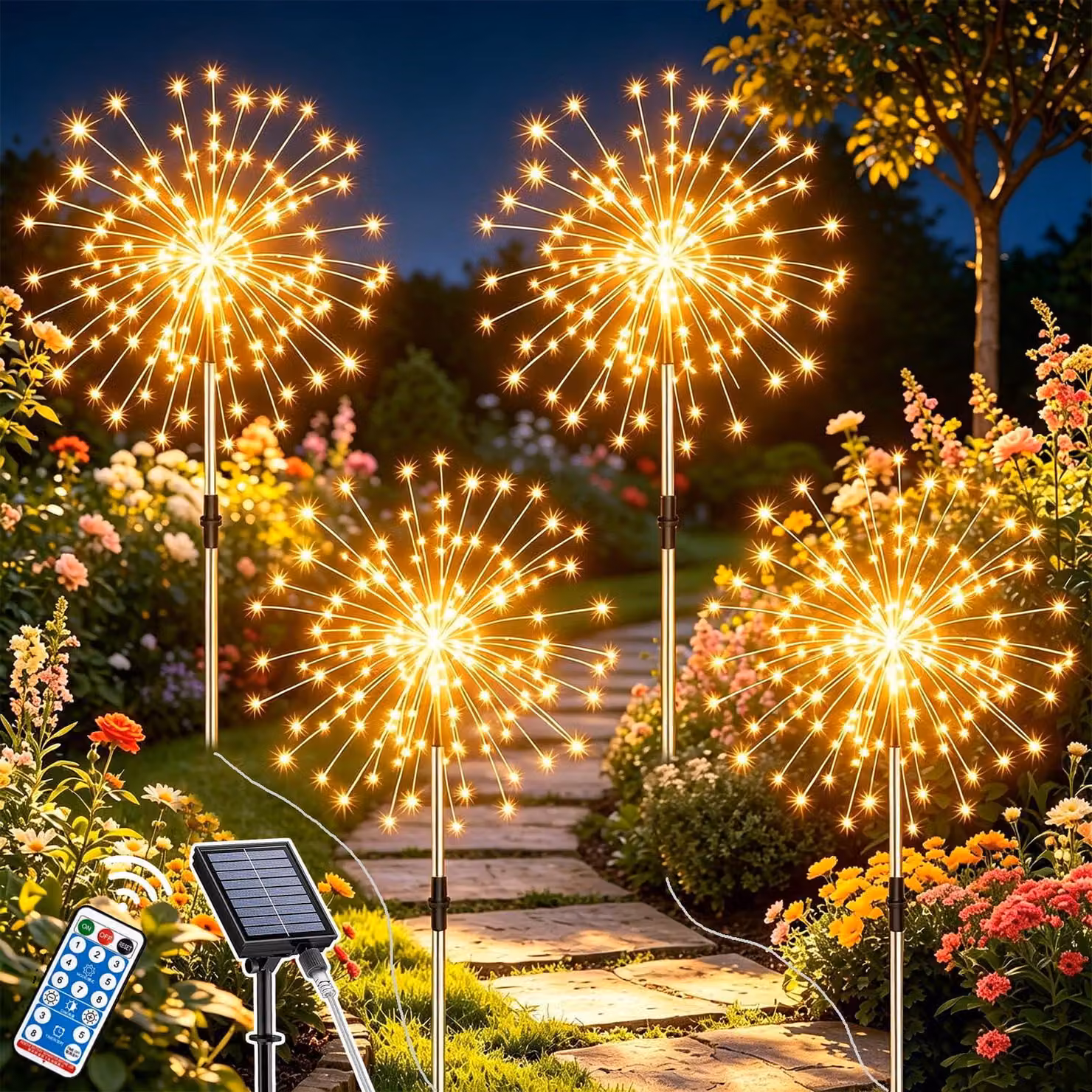 4 luci decorative solari a forma di fuoco d'artificio, 120 LED, luce bianco caldo, grado di protezione IP65, con telecomando