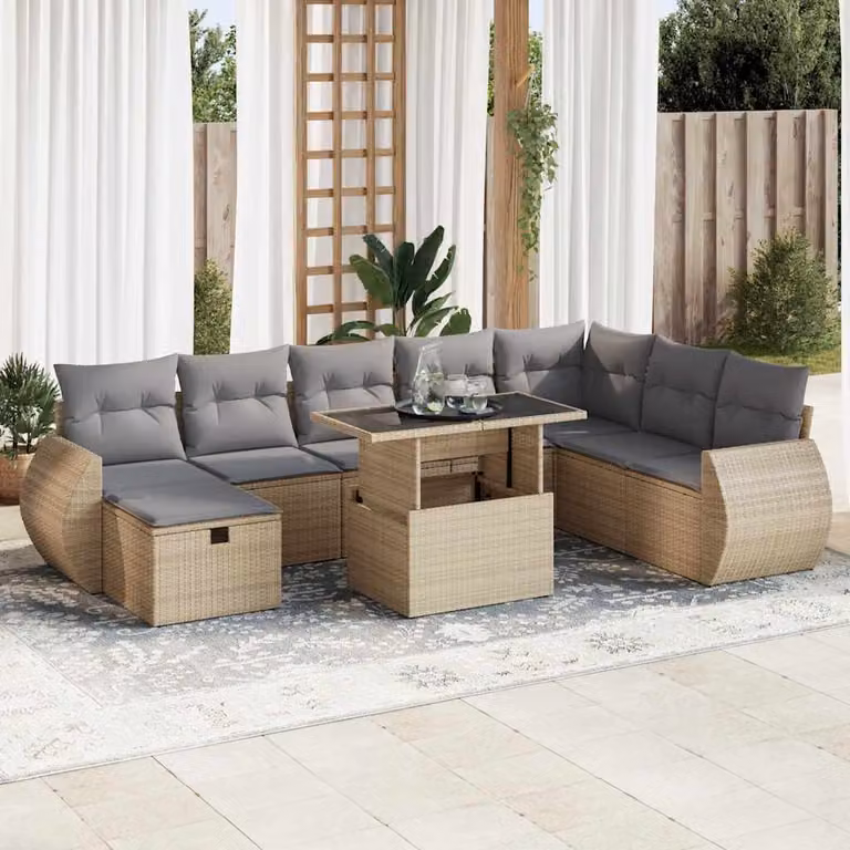 vidaXL Set Divano da Giardino 9 pz in Polyrattan con Cuscini Beige e Tavolino da Esterno