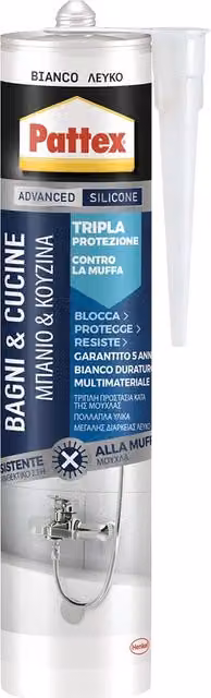 Sigillante silicone Pattex Bagni e Cucine 3X Protection bianco, confezione da 12 pezzi da 330 ml ciascuno, resistente alla muffa