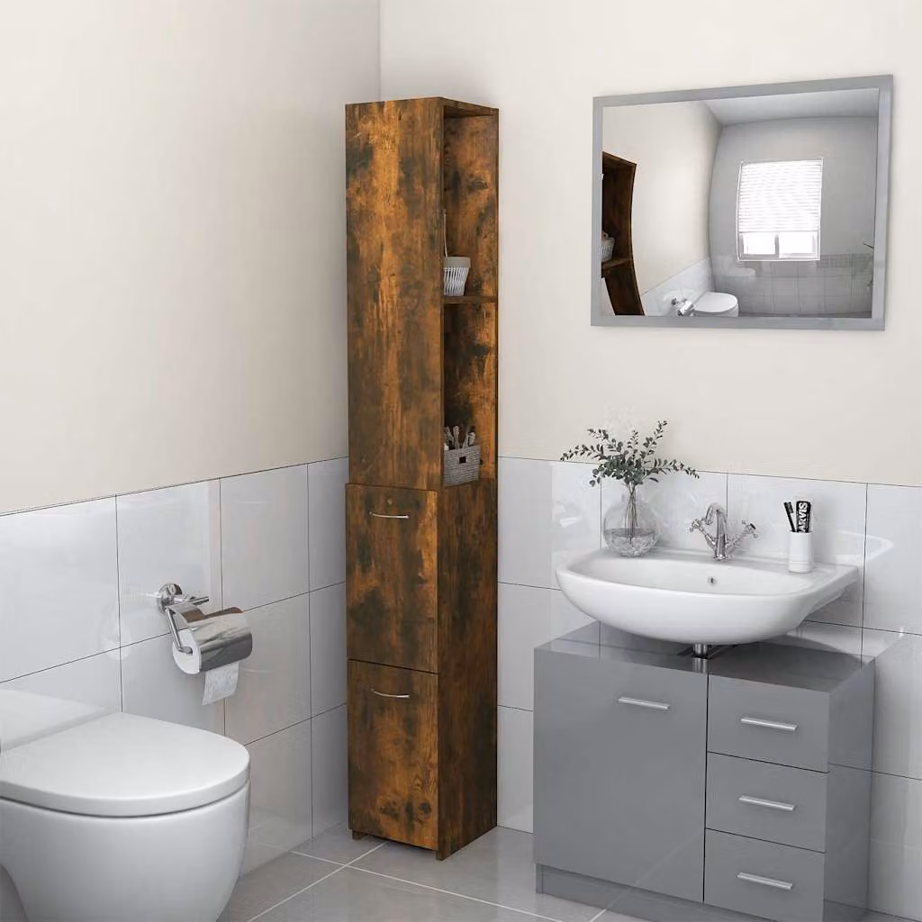 Armadietto da bagno moderno vidaXL in legno Rovere Fumo marrone con ripiani interni, L: 25 cm, P: 26,5 cm, H: 170 cm